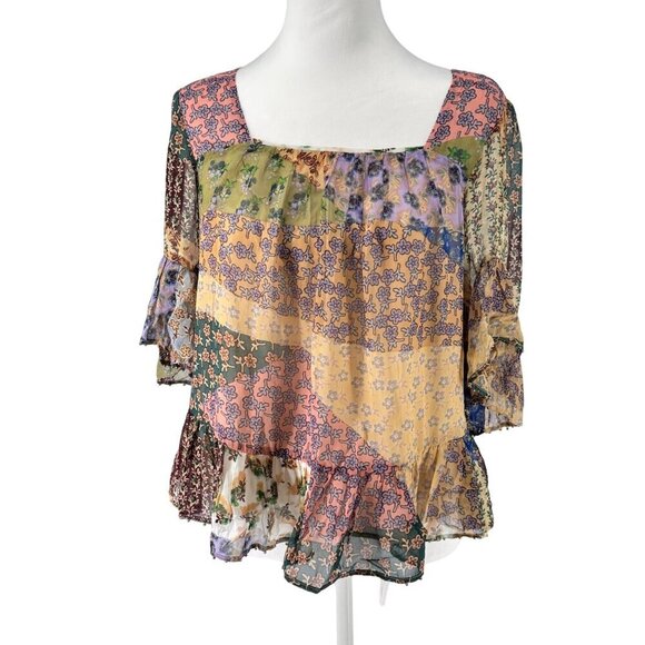 Anthropologie Floreat Patchwork Floral Peasant Blouse Sz XXSP EUC Gorgeous Boho - Picture 1 of 12